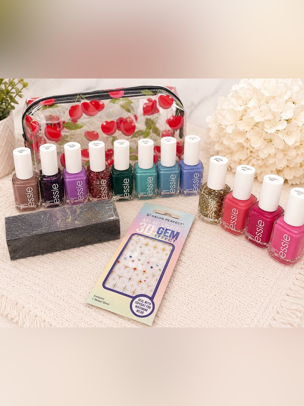 NEW! Essie Nail Polish Bundle 11pc + Cherry Makeup Bag Nail Art Stickers
